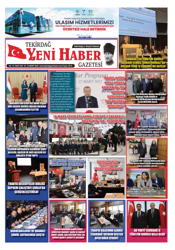 Tekirdağ Yeni Haber Gazetesi 503.Sayı Çıktı