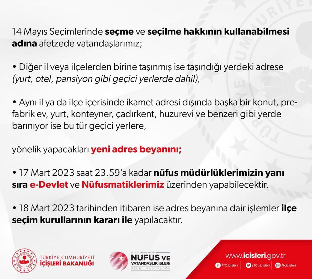 Depremzede Vatandaşlarımızın Oy Kullanabilmesi Hakkında Duyuru