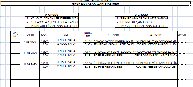 GENÇLİK HİZMETLERİ ve SPOR İL MÜDÜRLÜĞÜ FUTBOL GENÇ A KIZLAR GRUP MÜSABAKALARI FİKSTÜRÜ
