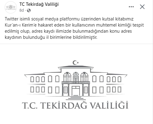 TEKİRDAĞ VALİLİĞİNİN KURAN-I KERİM’E HAKARET EDEN TWİTTER KULLANICISI AÇIKLAMASI