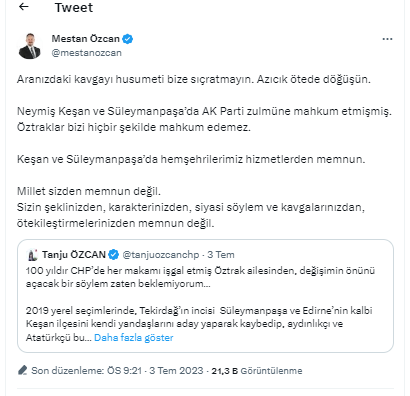 MESTAN ÖZCAN’DAN CHP BOLU BELEDİYE BAŞKANI TANJU ÖZCAN’A CEVAP