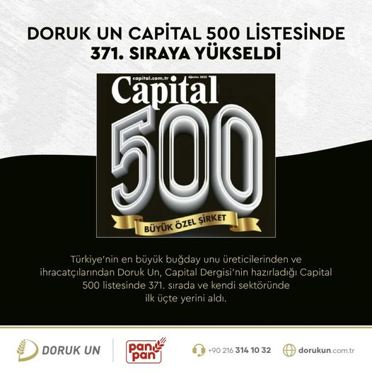 Capital Dergisi’nin hazırladığı Capital 500 listesinde 371. sırada ve kendi sektörümüzde ise ilk üçte yer aldı