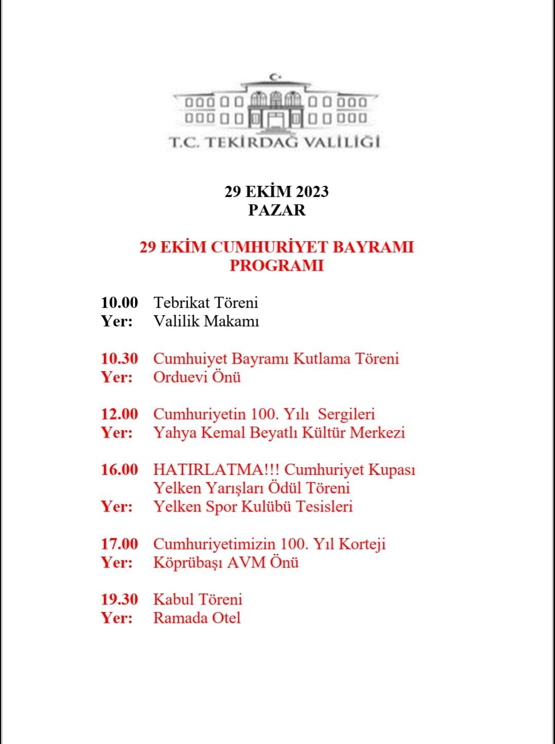 29 Ekim Cumhuriyet Bayramı Programı ve Kabul Töreni