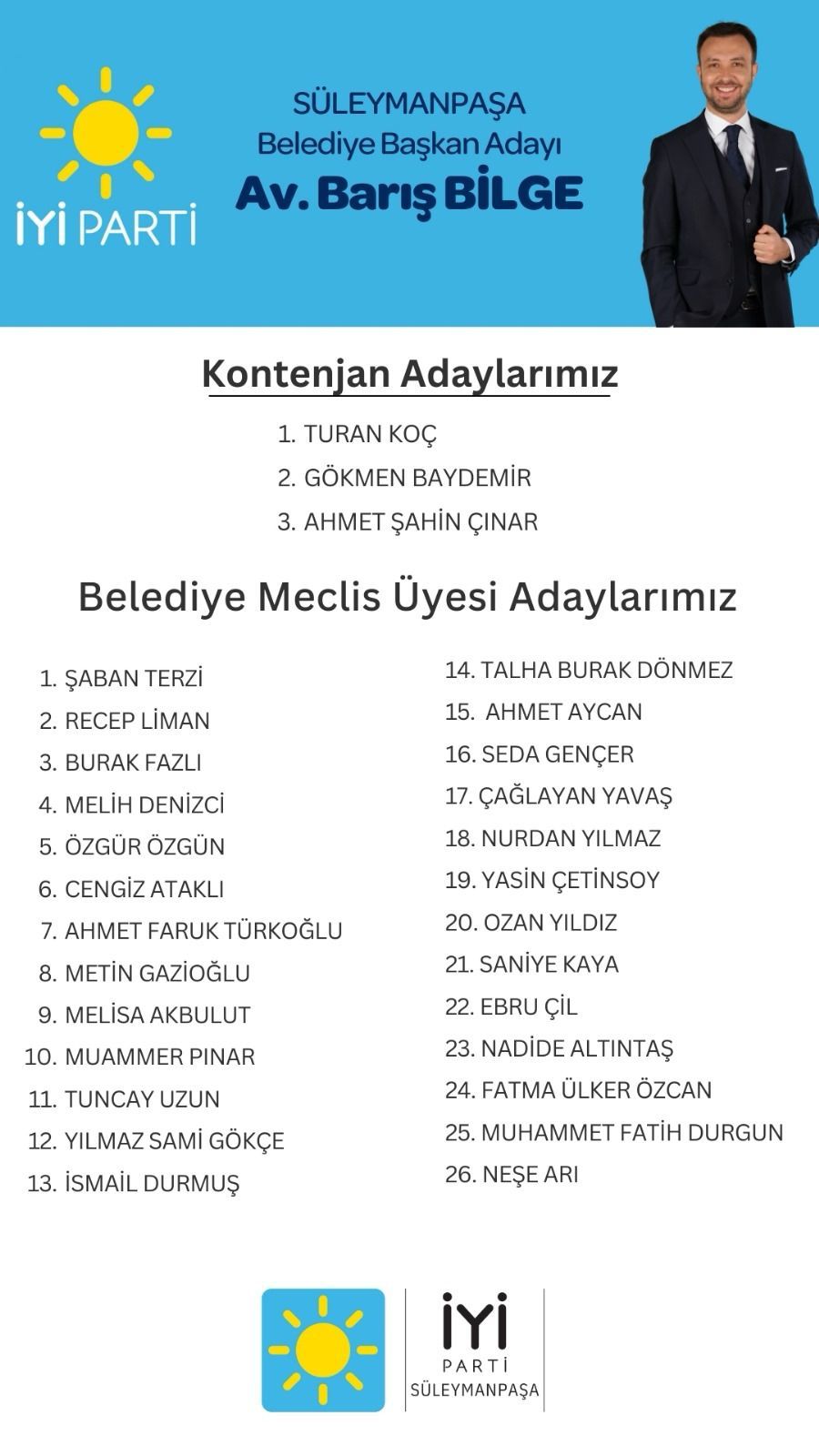 İYİ PARTİ SİÜLEYMANPAŞA BELEDİYE MECLİS ÜYESİ ADAYLARI