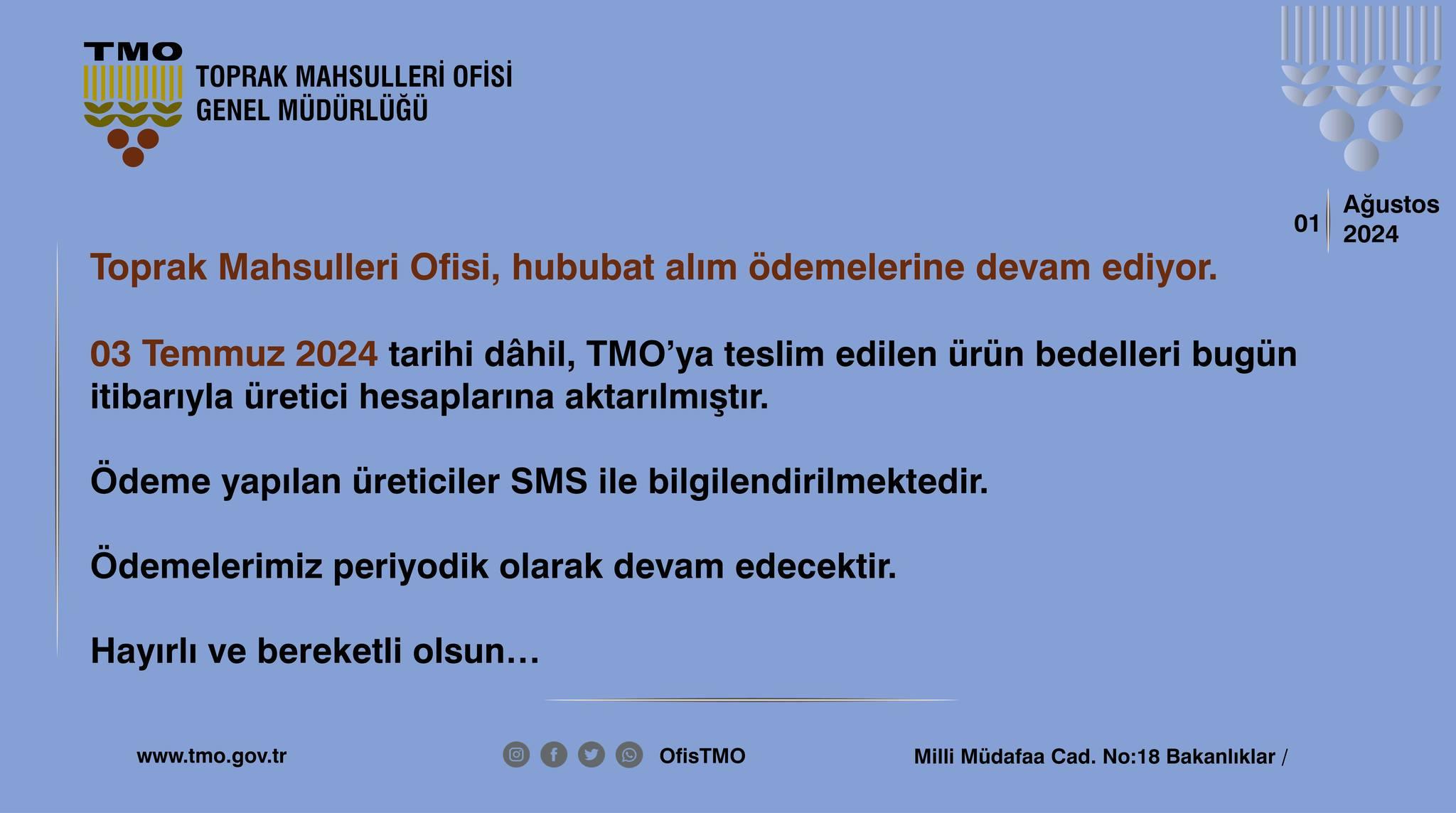 Toprak Mahsulleri Ofisi, hububat alım ödemelerine devam ediyor.