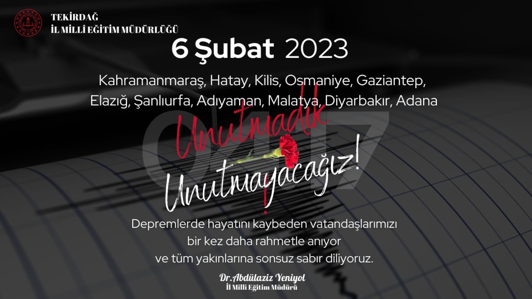 İl Millî Eğitim Müdürümüz Dr. Abdülaziz Yeniyol’un 6 Şubat Depremleri Yıl Dönümü Anma Mesajı