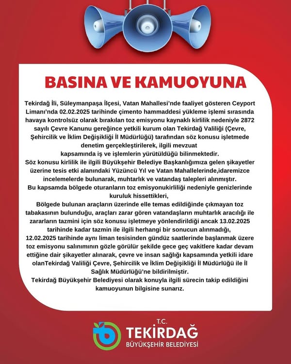 TEKİRDAĞ BÜYÜKŞEHİR BELEDİYESİNDEN CEYPORT HAVA KİRLİLİĞİ AÇIKLAMASI