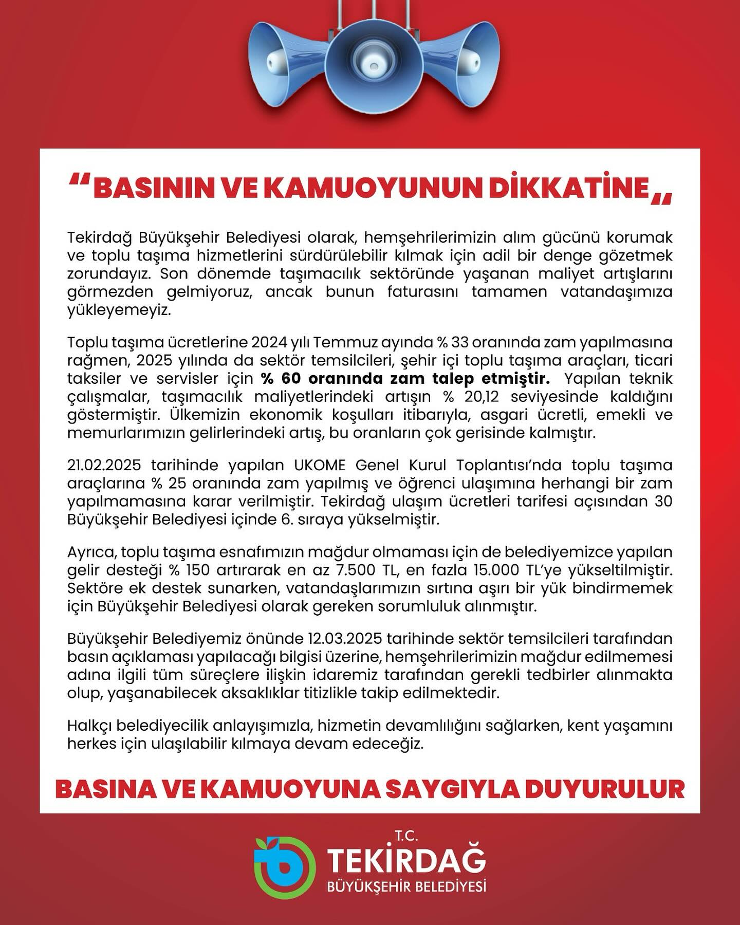 BÜYÜKŞEHİR: hemşehrilerimizin alım gücünü korumak ve toplu taşıma hizmetlerini sürdürülebilir kılmak için adil bir denge gözetmek zorundayız.