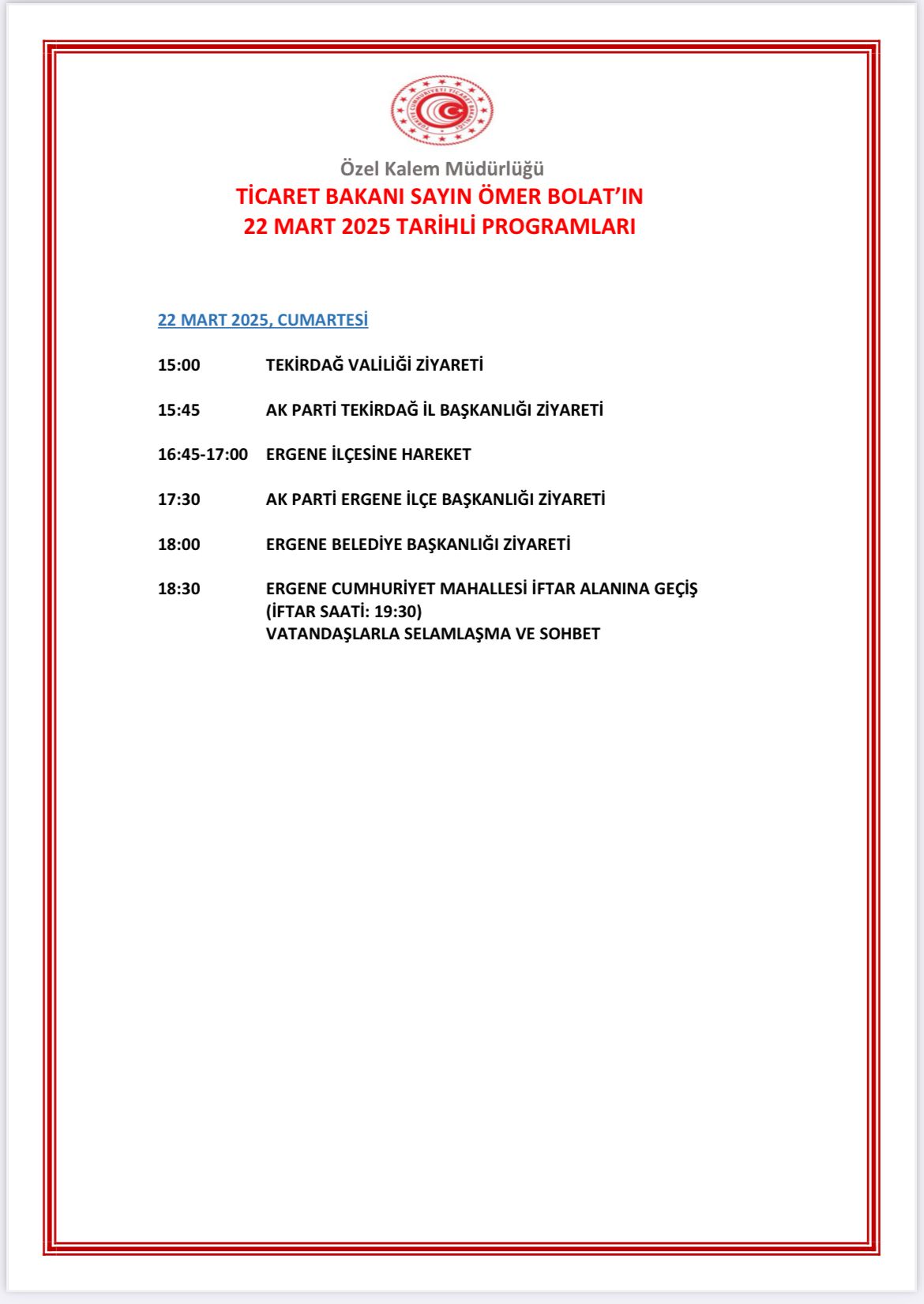 Ticaret Bakanı Ömer Bolat Tekirdağ da