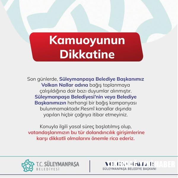 SÜLEYMANPAŞA BELEDİYESİNDEN DUYURU