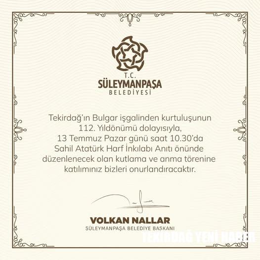 Tekirdağ’ın Düşman İşgalinden Kurtuluşunun 112. Yılı Kutlanacak
