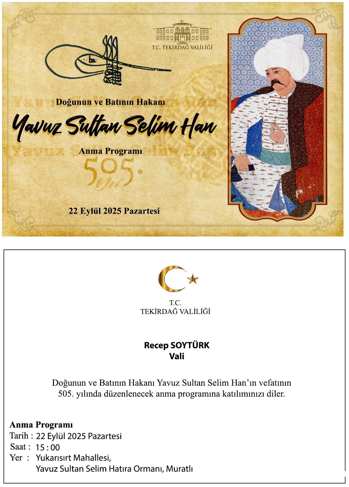Tekirdağ’da Yavuz Sultan Selim Han Anma Programı Düzenlenecek