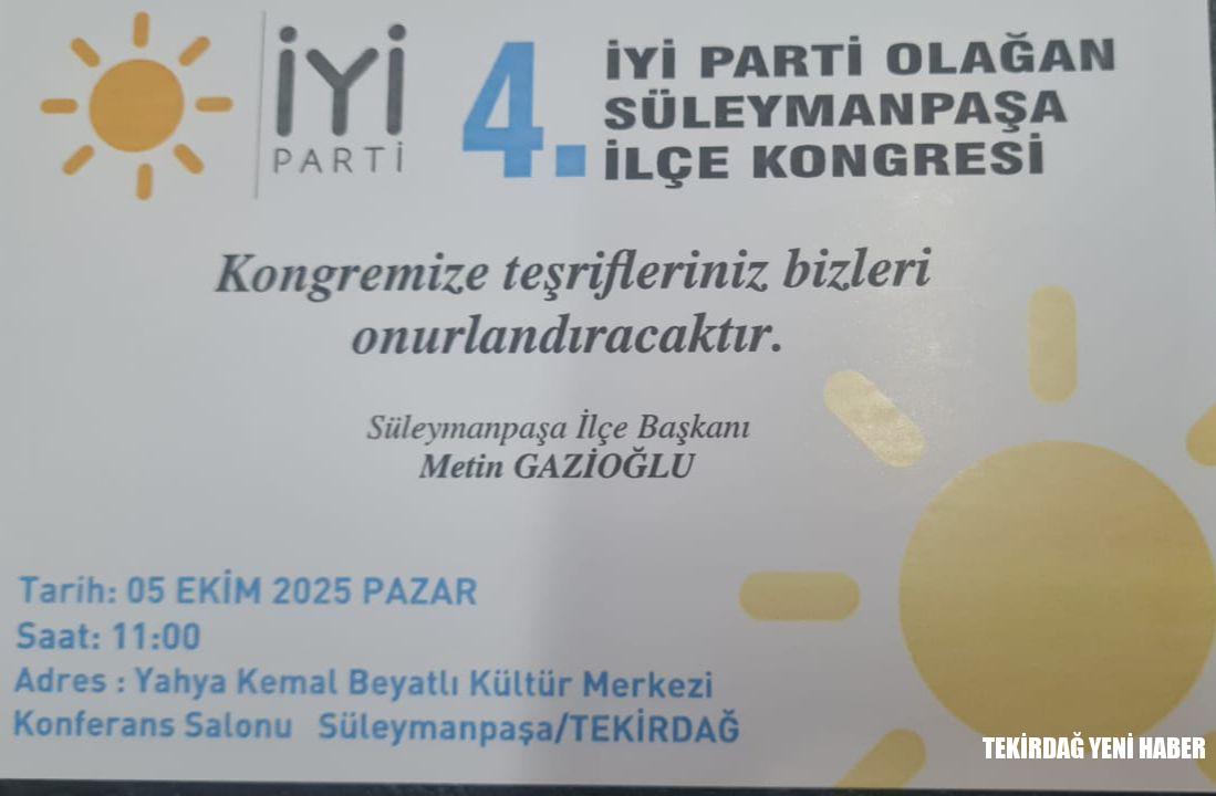 İYİ Parti Süleymanpaşa 4. Olağan İlçe Kongresi 5 Ekim’de Yapılacak