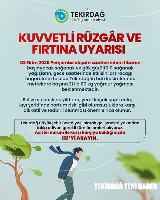 Tekirdağ’da Kuvvetli Rüzgâr ve Fırtına Uyarısı
