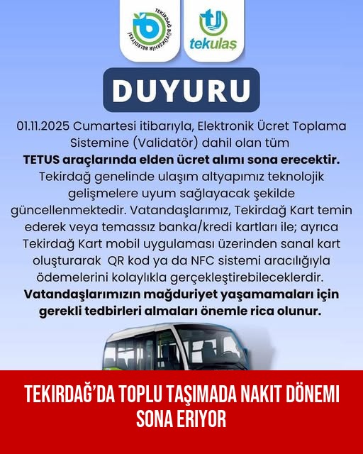Tekirdağ’da Toplu Taşımada Nakit Dönemi Sona Eriyor