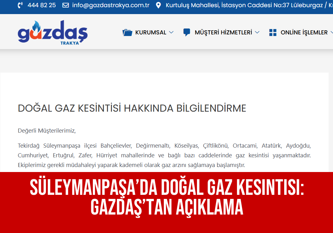 Süleymanpaşa’da Doğal Gaz Kesintisi: GAZDAŞ’tan Açıklama