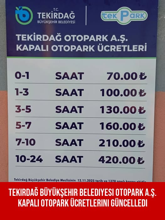 Tekirdağ Büyükşehir Belediyesi Otopark A.Ş. Kapalı Otopark Ücretlerini Güncelledi