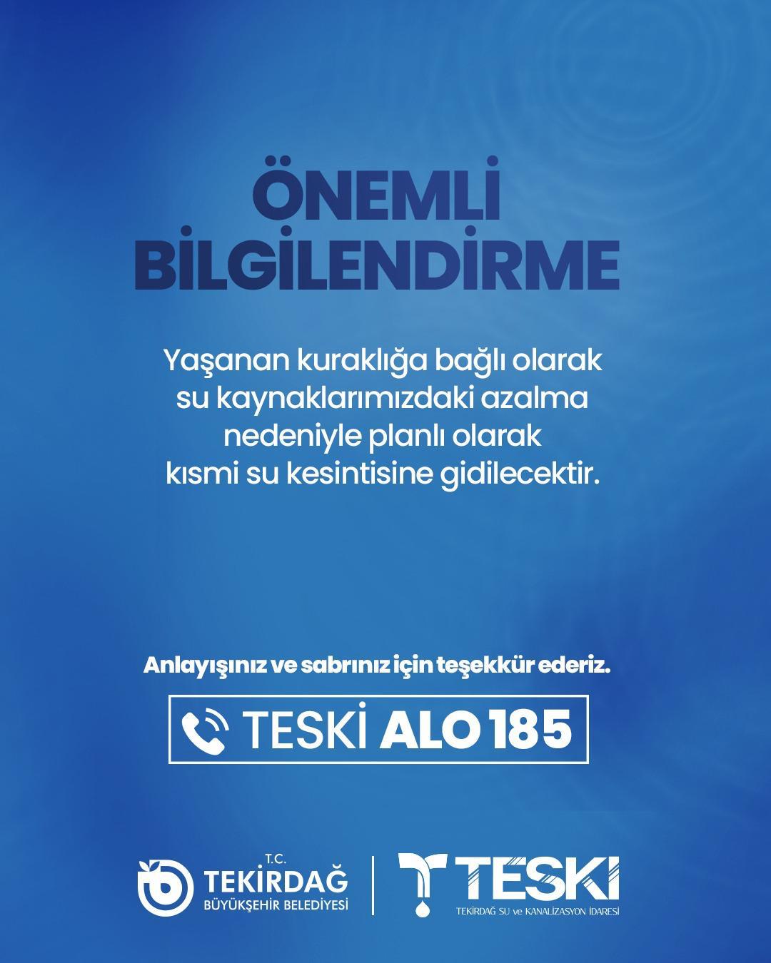 Tekirdağ’da Haftada Bir Gün 12 Saat Su Kesintisi Uygulanacak