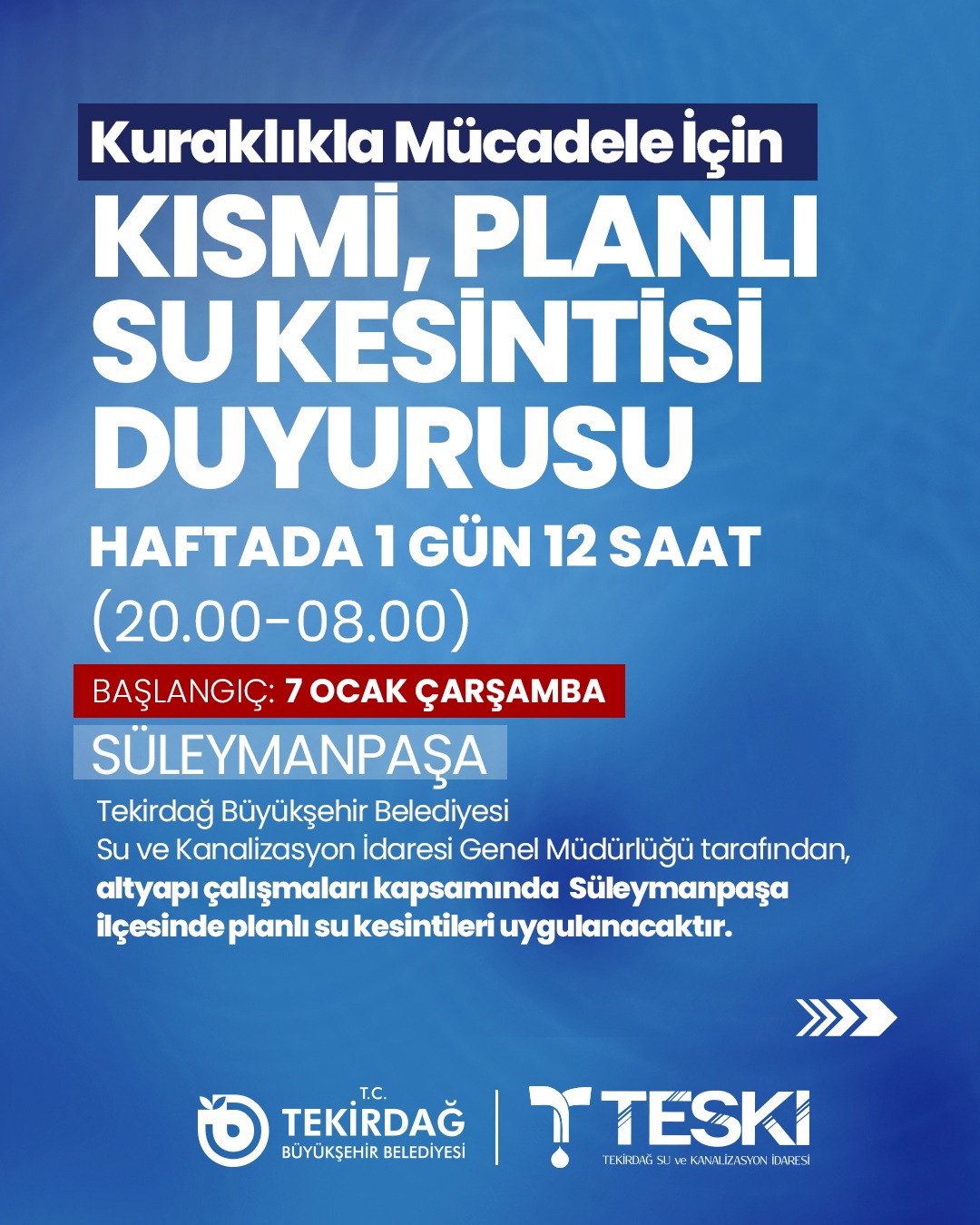 Tekirdağ’da Planlı Su Kesintisi Programı Açıklandı