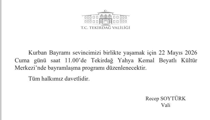 Tekirdağ Valiliği’nden Bayramlaşma Programı Daveti