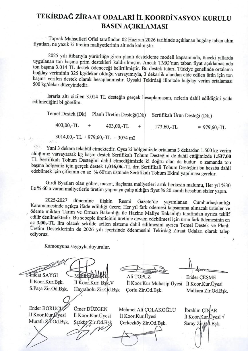 Tekirdağ Ziraat Odalarından Buğday Alım Fiyatlarına Tepki